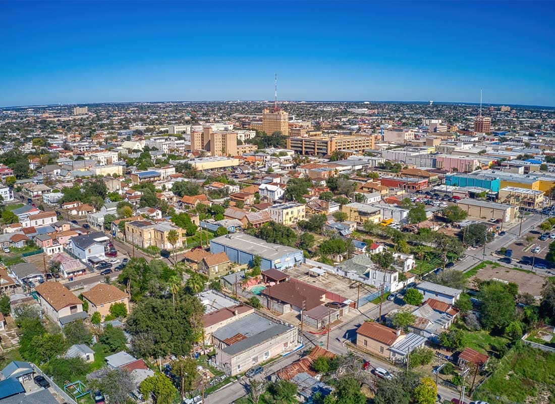 Laredo, TX - Aerial View of Buildings in Downtown Laredo Texas on a Sunny Day